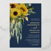 ネイビエレガントーブルーフローラひまわり結婚の金ゴールド 箔招待状 (正面)