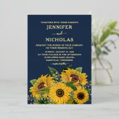 ネイビエレガントーブルーフローラひま結婚わり金ゴールド 箔招待状 (立ち正面)