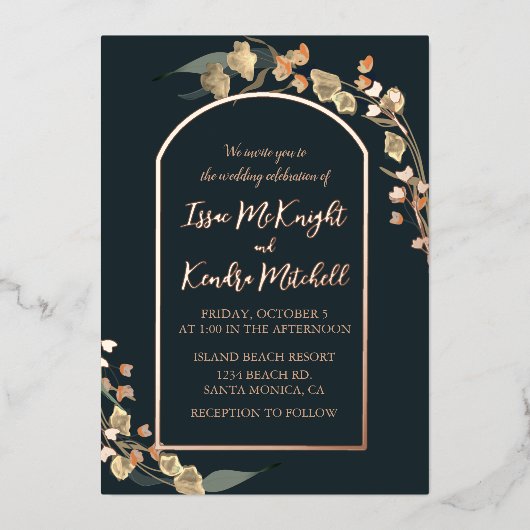 ネイビエレガントーブルーフローラアーチ 箔招待状 (正面)