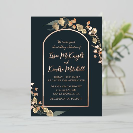 ネイビエレガントーブルーフローラアーチ 箔招待状 (立ち正面)