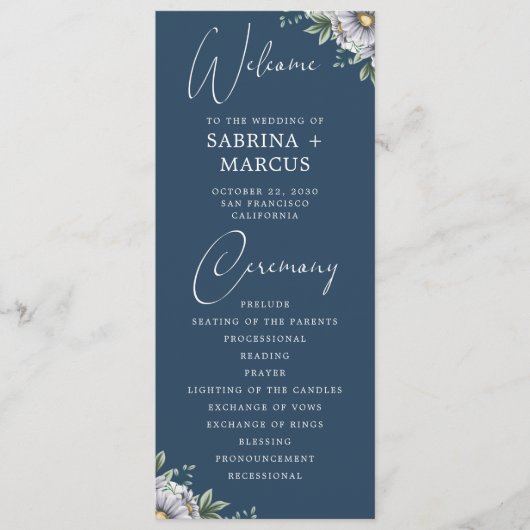 ネイビエレガントーブルーフローラス結婚クリプトの式 プログラム (正面)