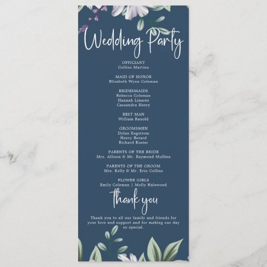 ネイビエレガントーブルーフローラス結婚クリプトの式 プログラム (裏面)