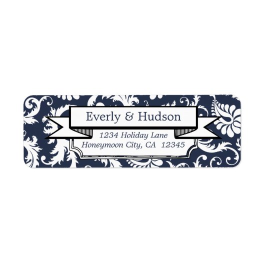 ネイビエレガントーブルーフローラダマスク差出人住所 ラベル (正面)