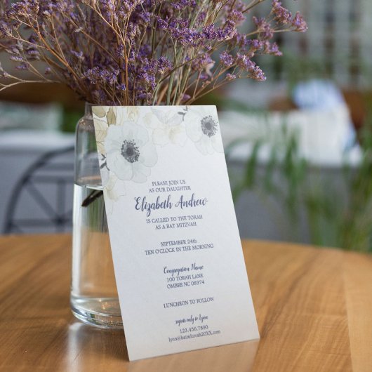 ネイビエレガントーブルーフローラバルミツワー 招待状