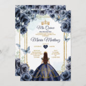 ネイビエレガントーブルーフローラプリンセスキニャネラ 招待状 (正面/裏面)