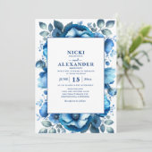 ネイビエレガントーブルーフローラホワイト結婚ズ 招待状 (スタンド正面)