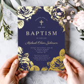 ネイビエレガントーブルーフローラボーイバプティスマ金ゴールド 箔招待状