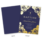 ネイビエレガントーブルーフローラボーイバプティスマ金ゴールド 箔招待状