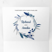 ネイビエレガントーブルーフローラリース写真結婚の 三つ折り招待状 (内部最初)