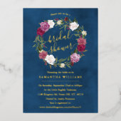 ネイビエレガントーブルーフローラリース実在ブライダルシャワー 箔招待状 (正面)