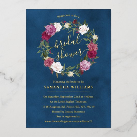 ネイビエレガントーブルーフローラリース実在ブライダルシャワー 箔招待状 (正面)