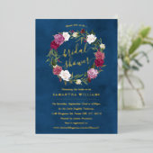 ネイビエレガントーブルーフローラリース実在ブライダルシャワー 箔招待状 (立ち正面)