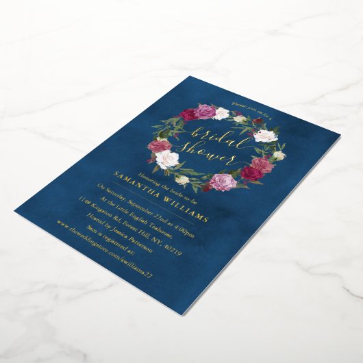 ネイビエレガントーブルーフローラリース実在ブライダルシャワー 箔招待状 (回転した状態)