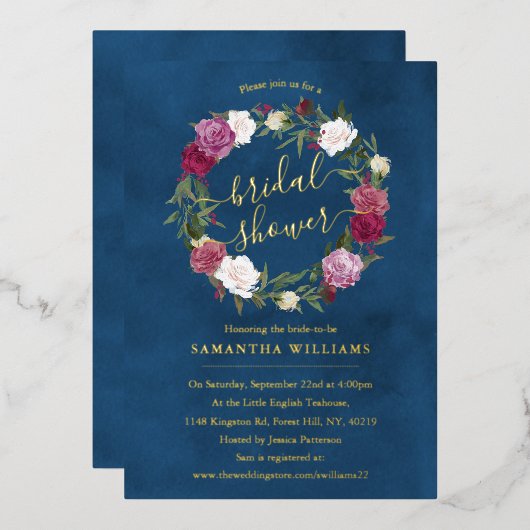 ネイビエレガントーブルーフローラリース実在ブライダルシャワー 箔招待状 (正面/裏面)