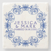 ネイビエレガントーブルーフローラ枠 ストーンコースター (正面)