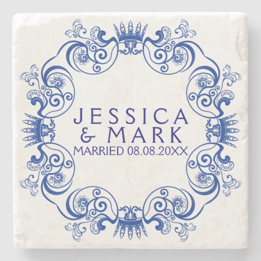 ネイビエレガントーブルーフローラ枠 ストーンコースター (正面)