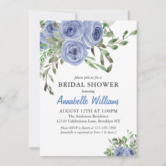 ネイビエレガントーブルーフローラ水彩ブライダルシャワー 招待状 (正面)