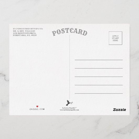 ネイビエレガントーブルーフローラ結婚の感謝実在! 箔招待状ポストカード (裏面)