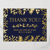 ネイビエレガントーブルーフローラ結婚の感謝実在! 箔招待状ポストカード (正面)