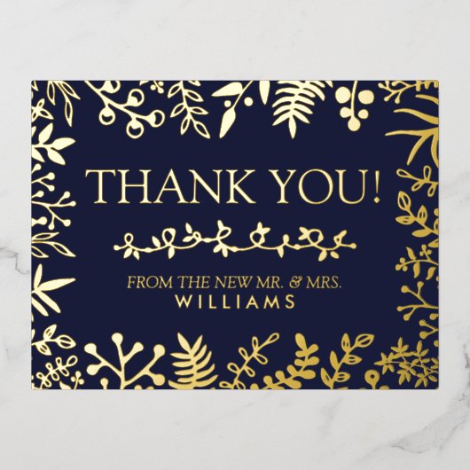 ネイビエレガントーブルーフローラ結婚の感謝実在! 箔招待状ポストカード (正面)