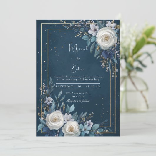 ネイビエレガントーブルーフローラ結婚ズ 招待状 (スタンド正面)