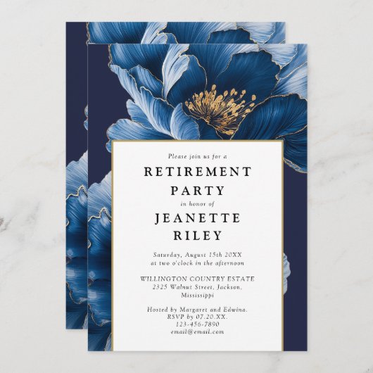 ネイビエレガントーブルーフローラ退職パーティー 招待状 (正面/裏面)