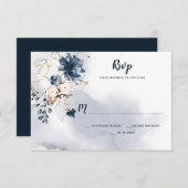 ネイビエレガントーブルーフローラ金ゴールドのスケッチバラ | 出欠カード (正面/裏面)