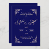 ネイビエレガントーブルーポップ・アートのアップ結婚式招待状 招待状 (正面/裏面)