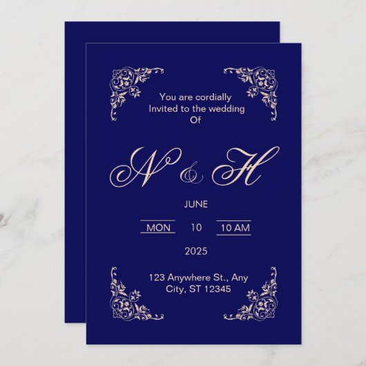 ネイビエレガントーブルーポップ・アートのアップ結婚式招待状 招待状 (正面/裏面)