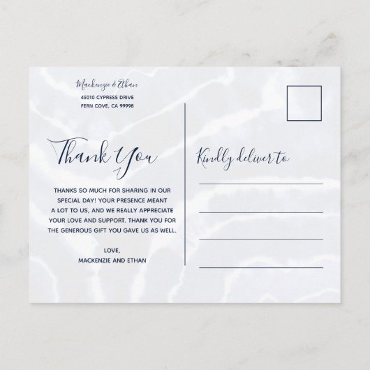 ネイビエレガントーブルーマーブル絞り染め結婚ズサンキュー ポストカード (裏面)