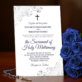 ネイビエレガントーブルーモダンオン白結婚教 招待状