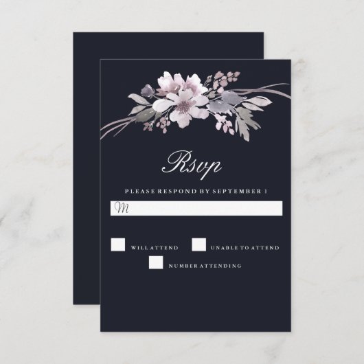 ネイビエレガントーブルーモダンタ結婚ブの垂直 出欠カード (正面/裏面)