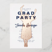 ネイビエレガントーブルー卒業パーティーバラ金ゴールド 箔招待状 (正面)