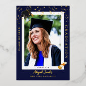 ネイビエレガントーブルー卒業写真発表 箔招待状 (正面)