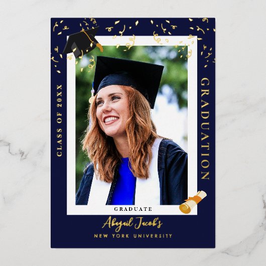 ネイビエレガントーブルー卒業写真発表 箔招待状 (正面)