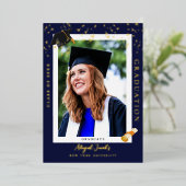 ネイビエレガントーブルー卒業写真発表 箔招待状 (立ち正面)