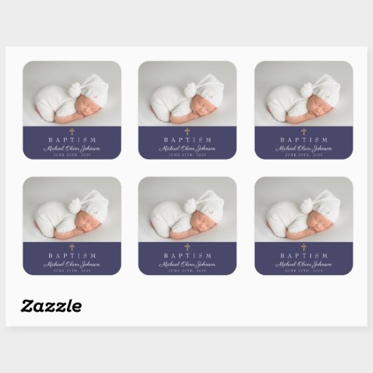 ネイビエレガントーブルー宗教十字写真洗礼 スクエアシール (シート)