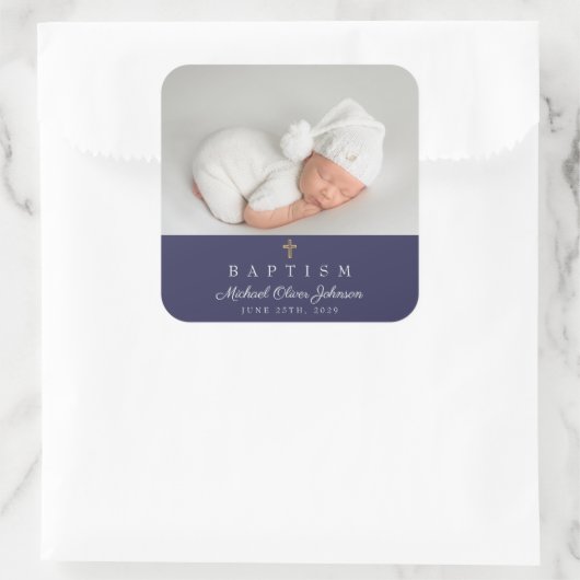 ネイビエレガントーブルー宗教十字写真洗礼 スクエアシール (バッグ)