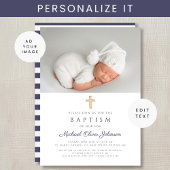 ネイビエレガントーブルー宗教十字写真洗礼 招待状