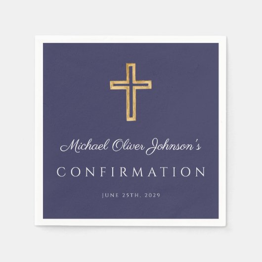ネイビエレガントーブルー宗教十字少年の確認 スタンダードカクテルナプキン (正面)