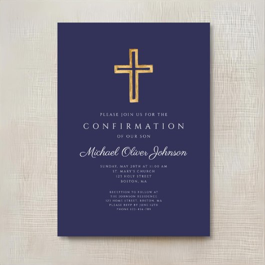 ネイビエレガントーブルー宗教十字少年の確認 招待状