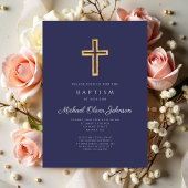 ネイビエレガントーブルー宗教十字少年バプテスマ 招待状