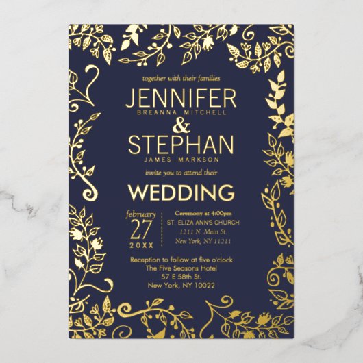 ネイビエレガントーブルー実在金ゴールド結婚フローラ 箔招待状 (正面)