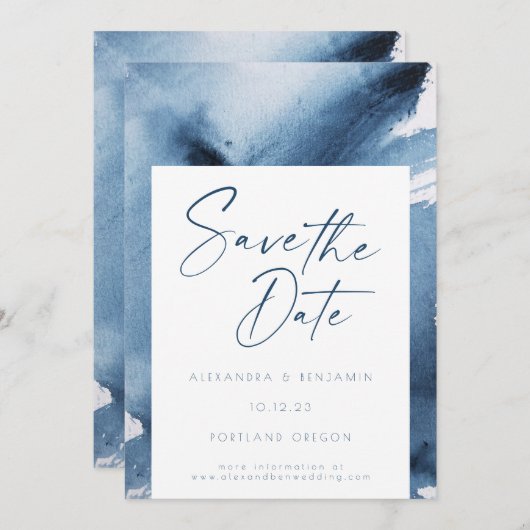 ネイビエレガントーブルー抽象芸術水色 セーブザデート (正面/裏面)