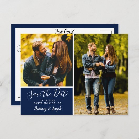 ネイビエレガントーブルー日付を保存フォトコラージュ | ポストカード (正面/裏面)