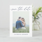 ネイビエレガントーブルー日付写真写真を保存 招待状 (スタンド正面)