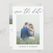 ネイビエレガントーブルー日付写真写真を保存 招待状 (正面/裏面)