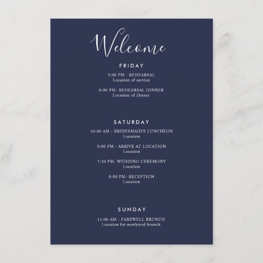 ネイビエレガントーブルー歓迎モダン旅程 エンクロージャーカード (正面)