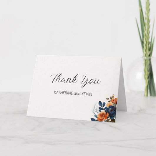 ネイビエレガントーブルー焦げオレンジ色の水色フローラ サンキューカード (正面)