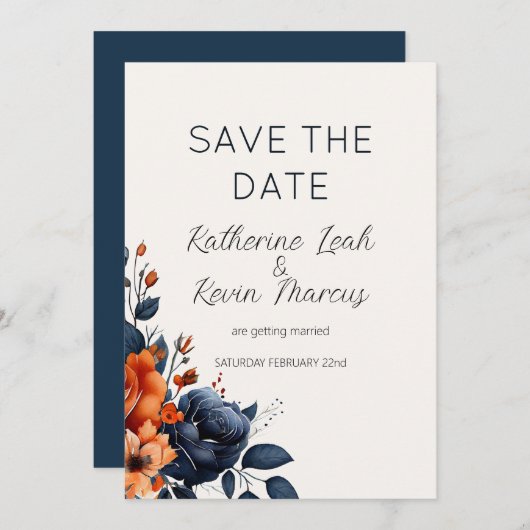 ネイビエレガントーブルー焦げオレンジ色の水色フローラ 招待状 (正面/裏面)